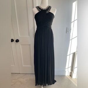LONG BLACK HALTER BEADED SLEEVELESS DRESS W TRAIN TERANI COUTURE WEDDING XS 0